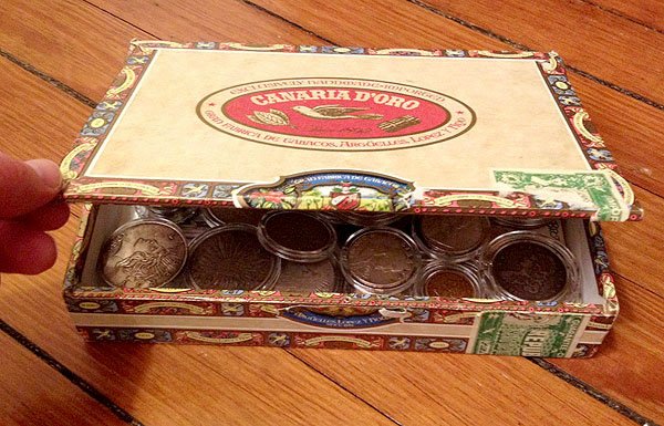 coin collection cigar box